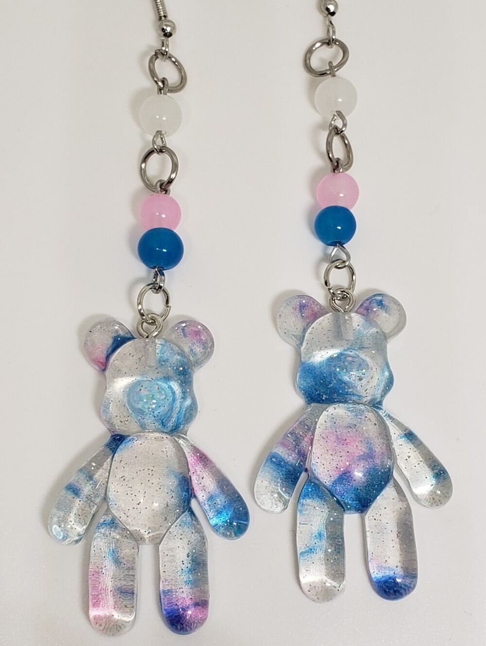 Handmade Beaded Cotton Candy Blue Pink White Tie Dye Glitter Teddy Bear Earrings